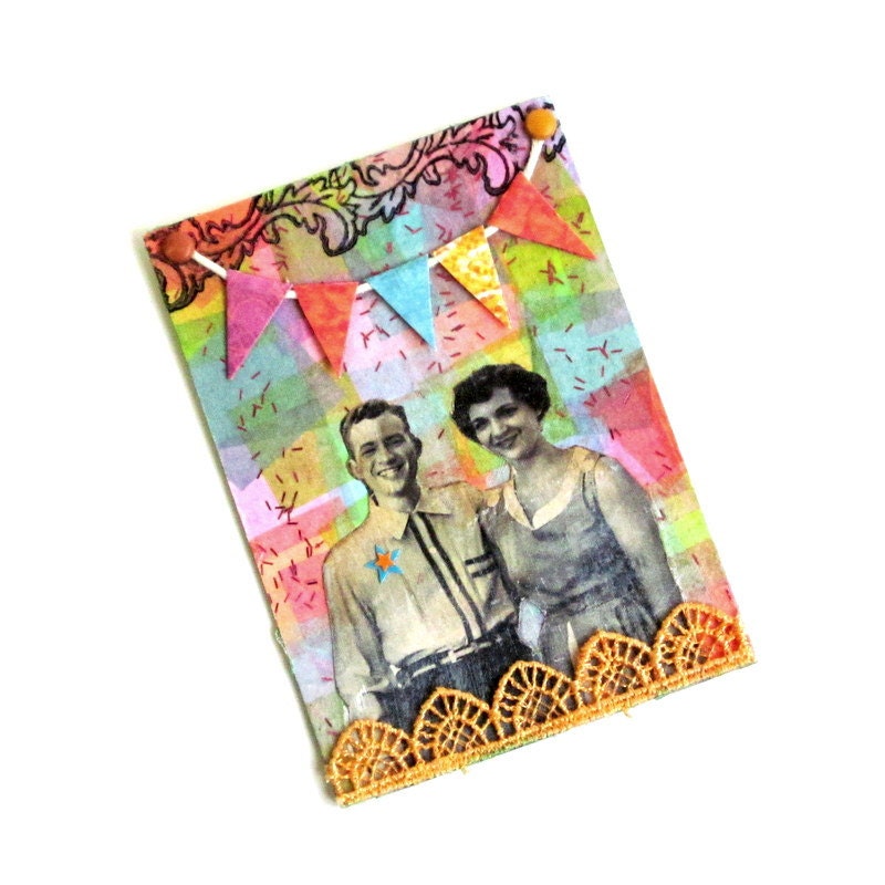 ACEO Mixed Media Original Art Card Mixed Media Collage Artist Card Multicolor Festive 1950s Couple