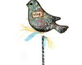 Garden Stake Decoupaged Wooden Bird Plant Marker Garden Marker Plant Pick Floral Pick Aqua Bird