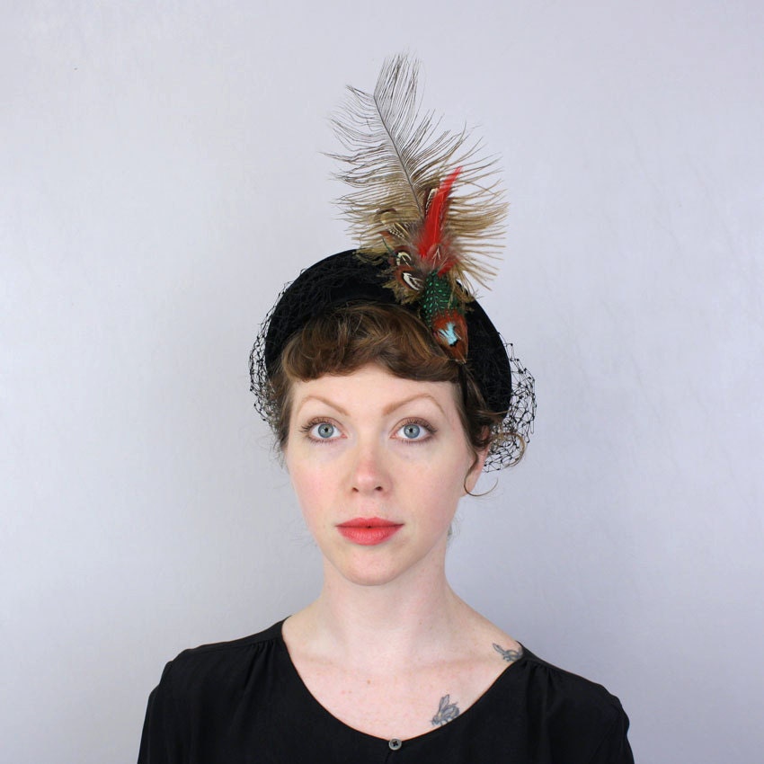 Vintage Bird Feather Hat with Netting / Custom Made Whimsy Topper