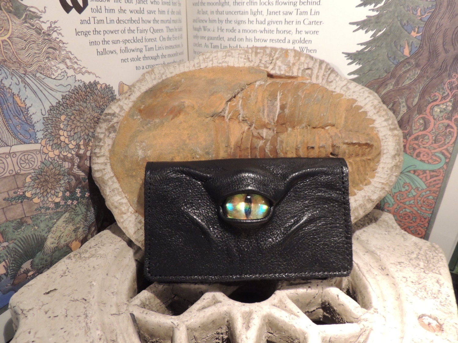 Leather Business Card Holder / small wallet (Holographic eye in Black leather)