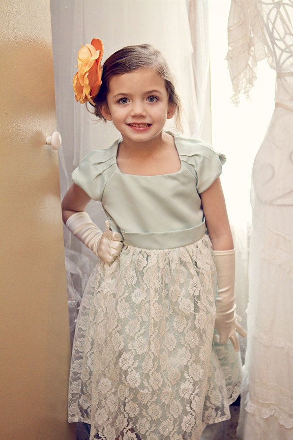 Mint Lace Dress--Flower Girl Dress--Vintage Mint and Sparkle Lace--Perfect for Weddings