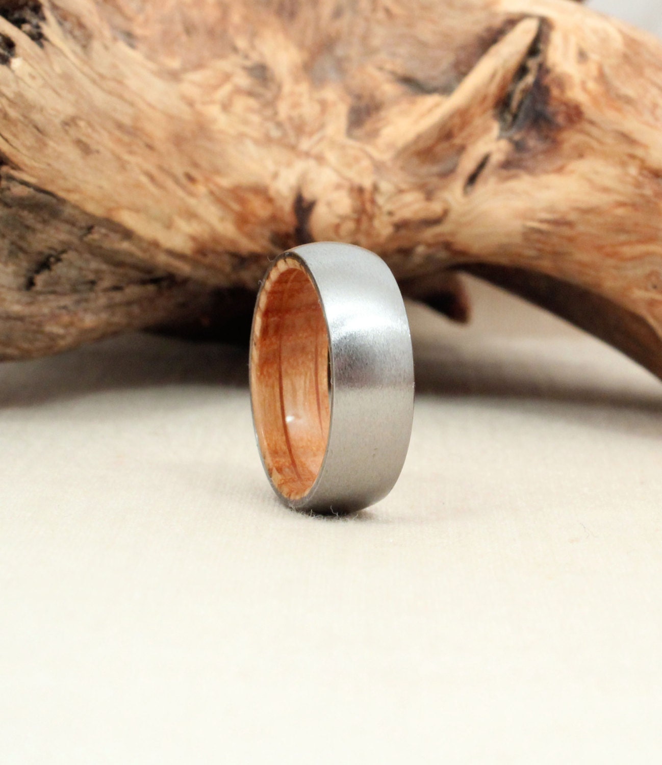 Size 9.5- Titanium and Jack Daniels Whiskey Barrel White Oak Stave Wood Ring Titanium Ring