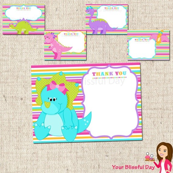 PRINTABLE Girl Dinosaur Party Thank You Cards Il_570xn