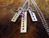 Personalized Jewelry, Crystal Necklace, Birthstone Necklace, Mother's Necklace, Mommy Jewelry, Hand Stamped Jewelry, 3 Rectangle Discs