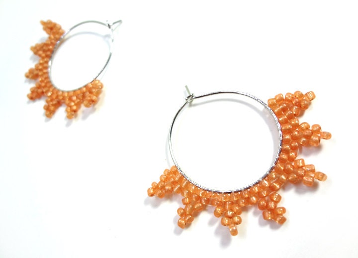 Bright Orange Beaded Hoop Earrings - MegansBeadedDesigns
