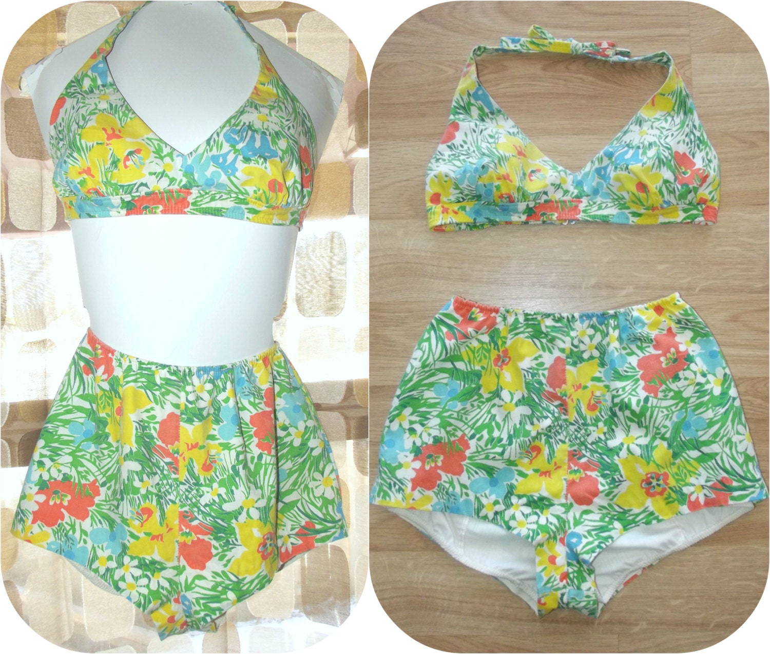 Vintage 60s High Waist Floral Bikini Pin-Up  Playsuit XS S Cotton Bullet Bra Top Shorts Swimsuit 2pc