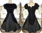 Vintage 50s Black Velvet & Taffeta Scalloped Full Dress Small S Swing Rockabilly Lucy VLV