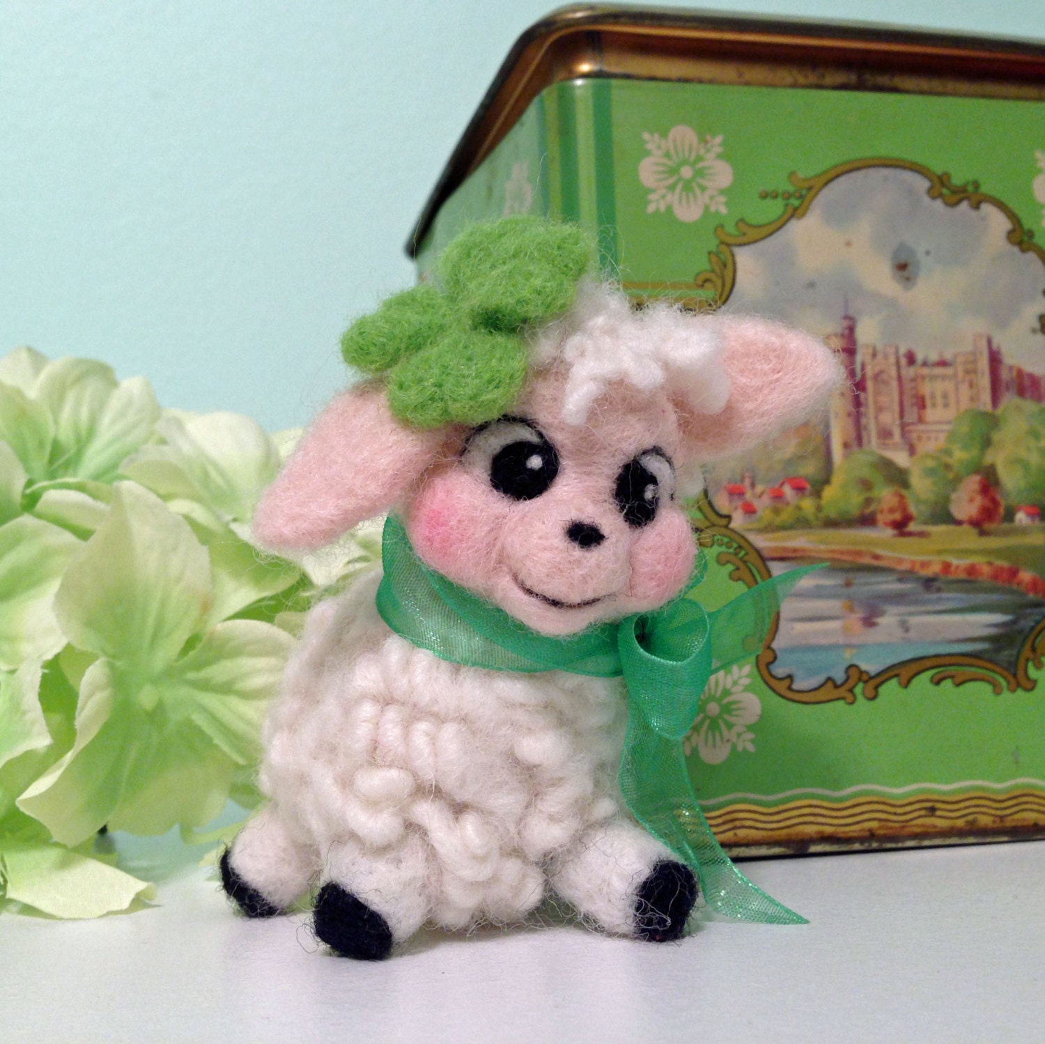 Felted Lamb with Four Leaf Clover and Tiny Bell