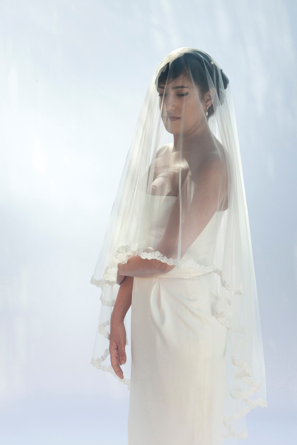 Kate III - two layers wedding bridal veil, beaded lace, 47 inch length in ivory