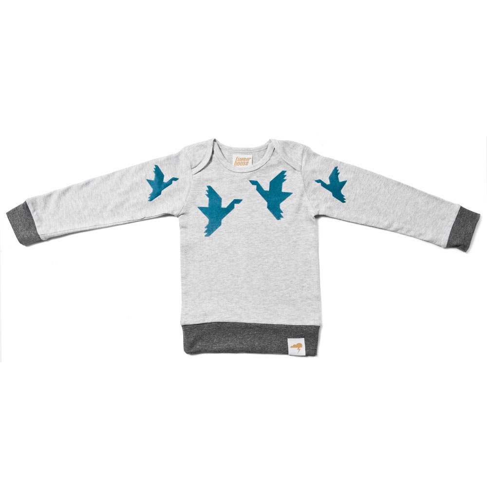 1000 Cranes - Organic Long Sleeve T-Shirt. Kids grey melee cotton soft stretch handmade T-shirt for boys and girls, baby and toddler