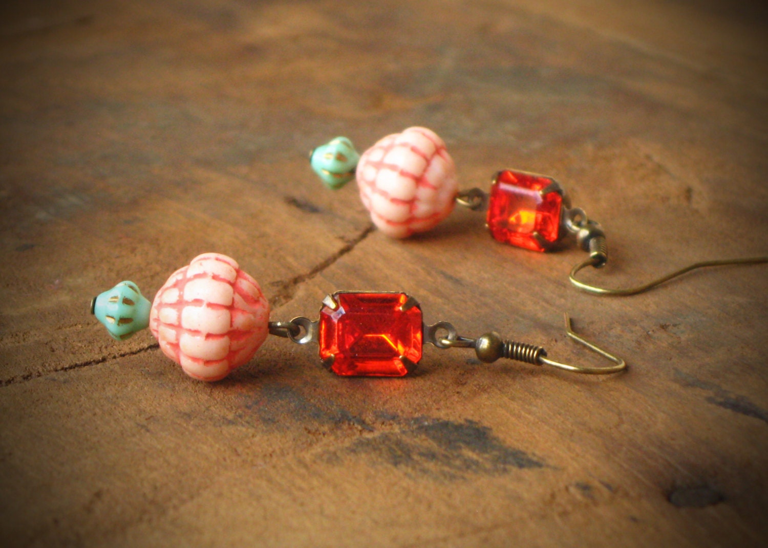 Poppy Red Rhinestone and Vintage Bead Earrings, Coral, Mint, Retro