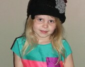 Girls or Ladies Black Acrylic Newsboy Cap with Black Cherry Rose and Grey Chrysanthemum Pins