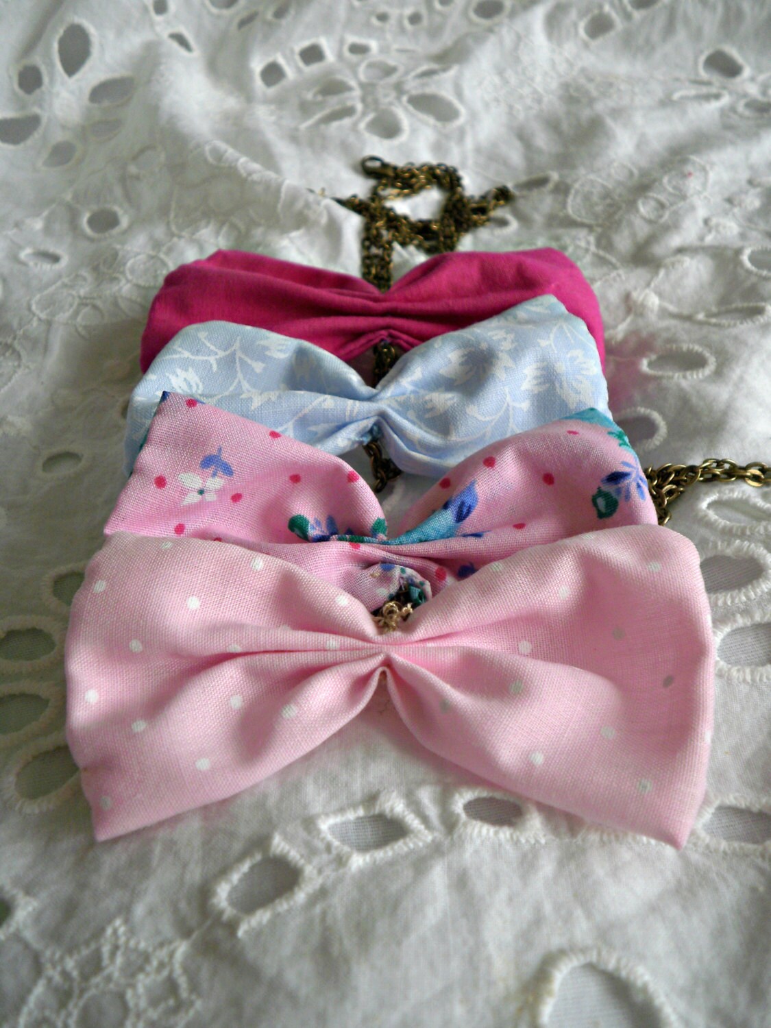 Bridesmaids Gifts Set of Four Fabric Bow Pendants CUSTOM COLOR Tie necklaces with chain Bridesmaid Gifts