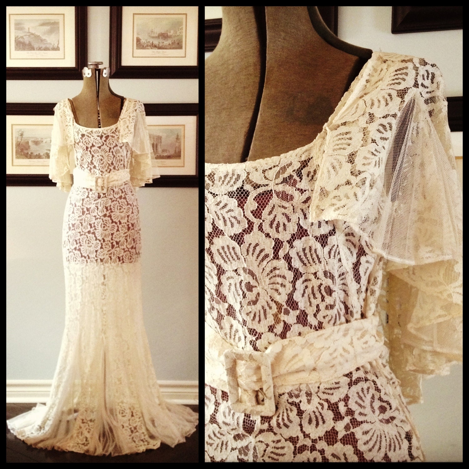 1930s Gown - Ivory Net Lace w. Knife Pleated Tulle Inserts