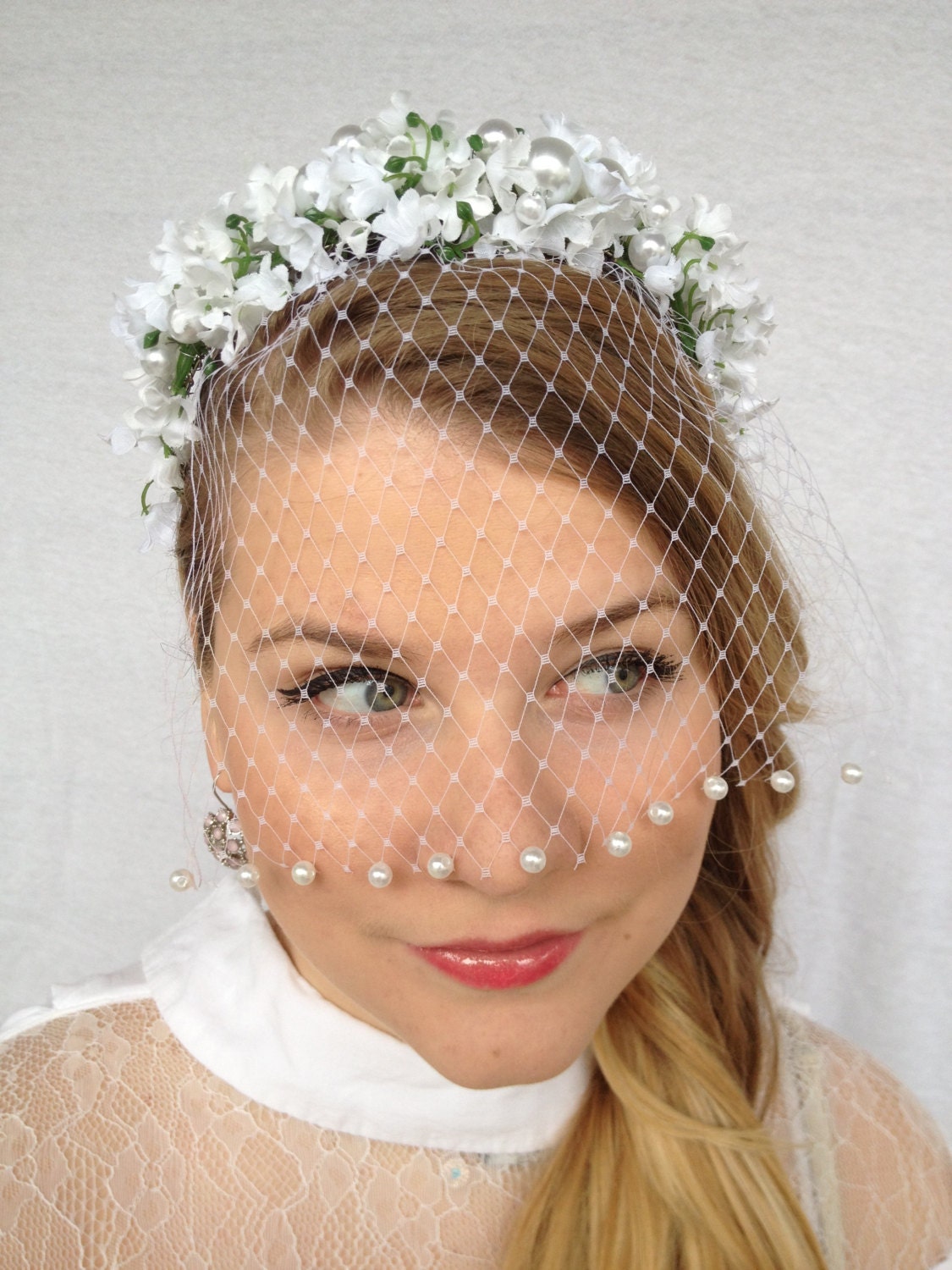 Lily of the Valley white bridal headband with beaded veil