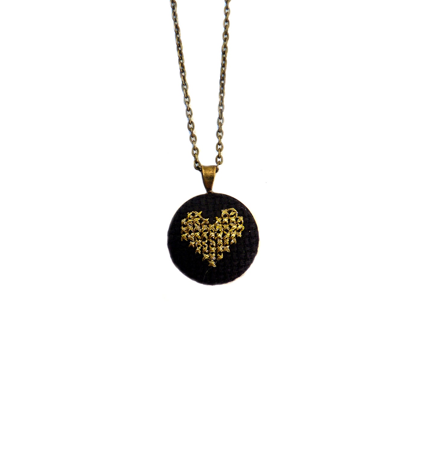 Heart Necklace in Black and Gold Cross Stitch on Antique Brass Convertible Jewelry Chain
