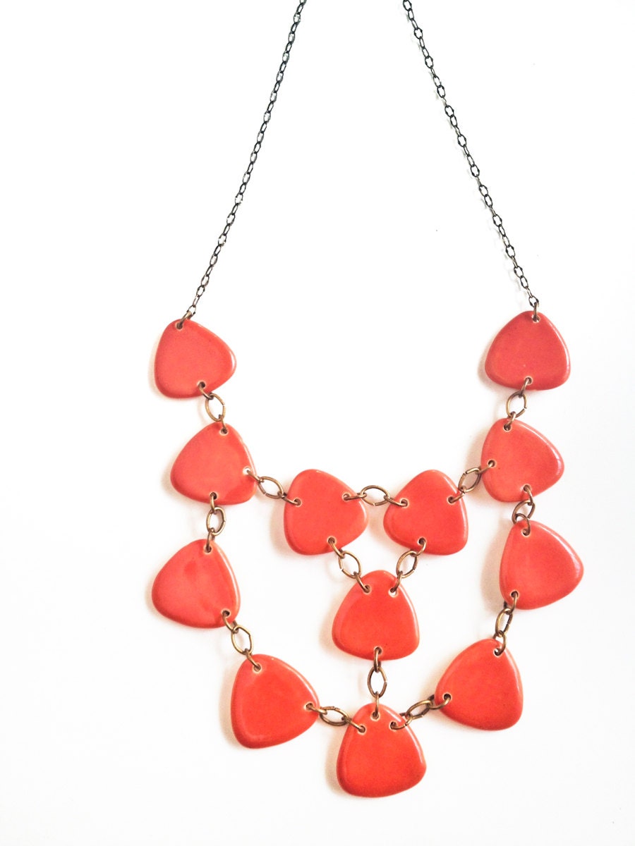 Handmade porcelain Statement necklace jewelry bib in satin coral orange glaze
