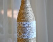 Thick twine wrapped bottle with lace, rustic home decor, rustic wedding decor, shabby chic wedding vase, cottage vase