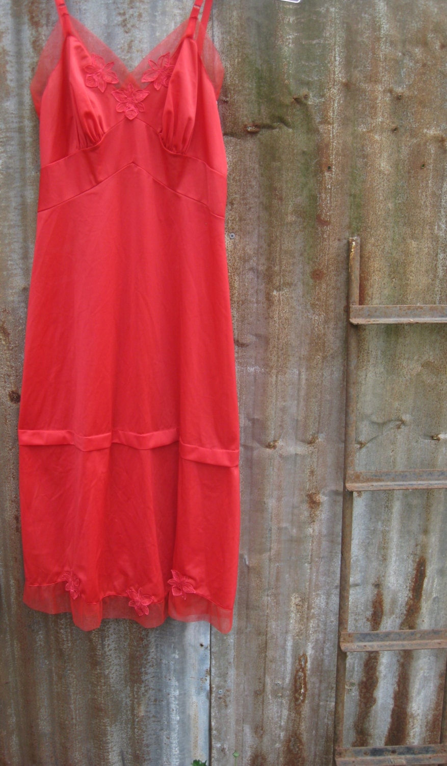 Vintage 1960's Rogers Run Proof Red Floral Applique Full Slip