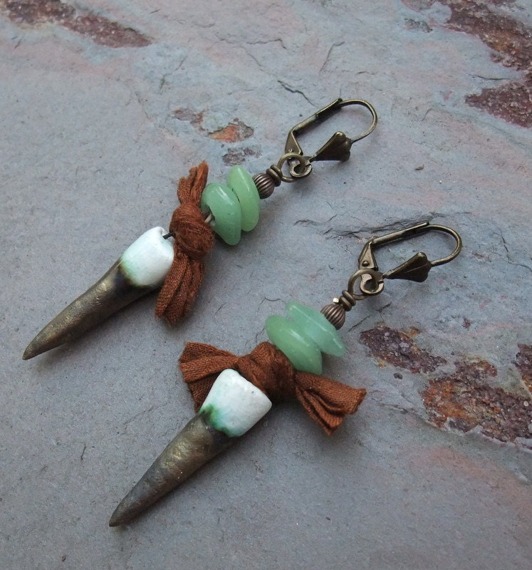 Sabertooth Earrings, Dangle Earrings,Raku Earrings, Earrings, Recycled Glass, Seafoam, Sari