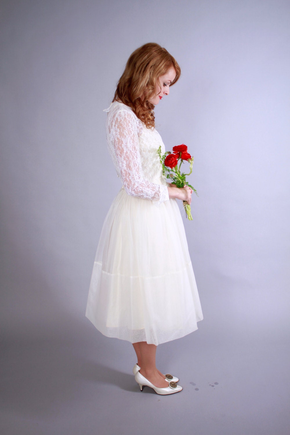 1950s wedding dress . 50s cupcake length lace and chiffon dress with coverlet . ballet style . vintage wedding