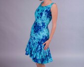 1950s dress . 50s turquoise floral party dress . mid century wiggle dress