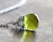 Swarovski Crystal and Pearls Pendant Necklace - Wire Wrapped Green Necklace