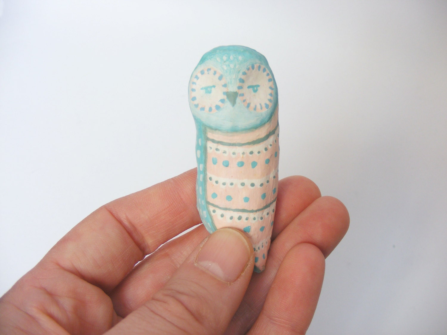 paper clay owl brooch - bird - hand sculpted jewellery - pastels - aqua and rose - wearable art - one of  kind