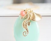 Nautical Seahorse & Sea Shell Charms Necklace with Ocean Mint Enamel Locket