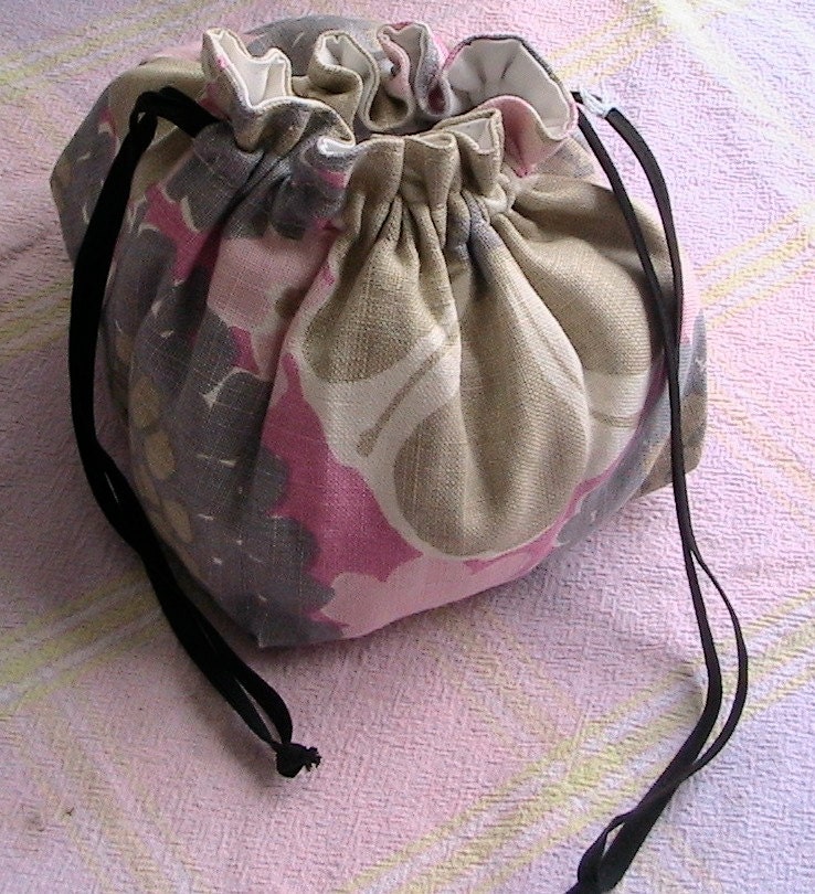 Carol's Handmade Drawstring Bag in Pink and Gray Floral