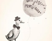 Baby Boy Nursery Art, French 'Bonjour Monsieur' Watercolour of Duckling, 8x10 Art Print for Wall of Baby Boy Nursery or Boys Room