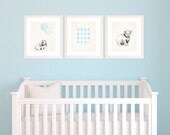 Set of 3 8x10 Prints for Baby Boy Nursery, Light Blue Themed Decor, Watercolour Illustration of Polar Bear, Bunny, Hot air Balloons