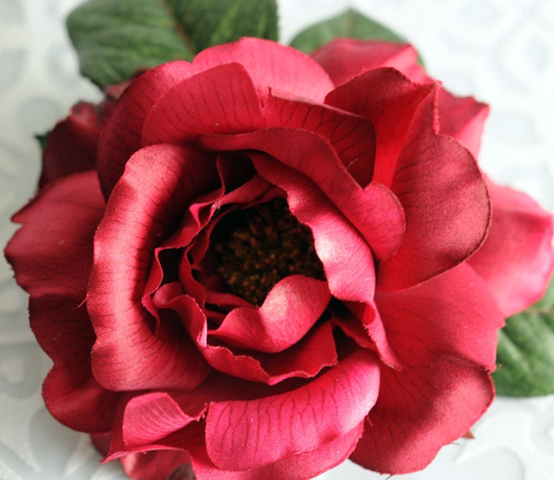 Deep Red Velvet Silk Rose - EDITH - Large, Bridal Wedding Grad, Graduation Hair Clip Accessory