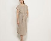 Cream midi dress, women's  round neck buttoned dress beige, long dress