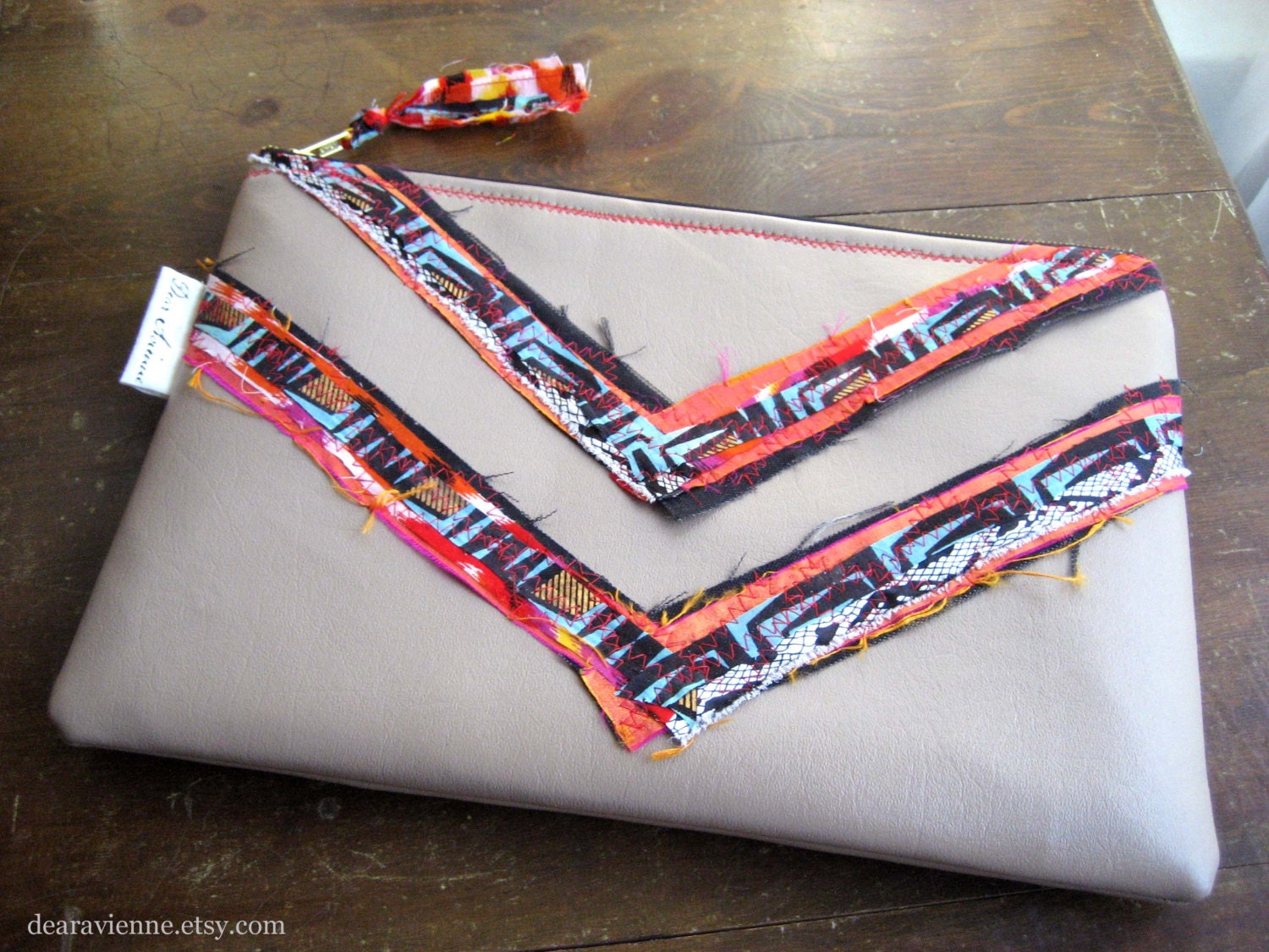 Large Chevron Clutch / Taupe Vinyl / Snake Print / Spring Fashion / Colorful / Handmade
