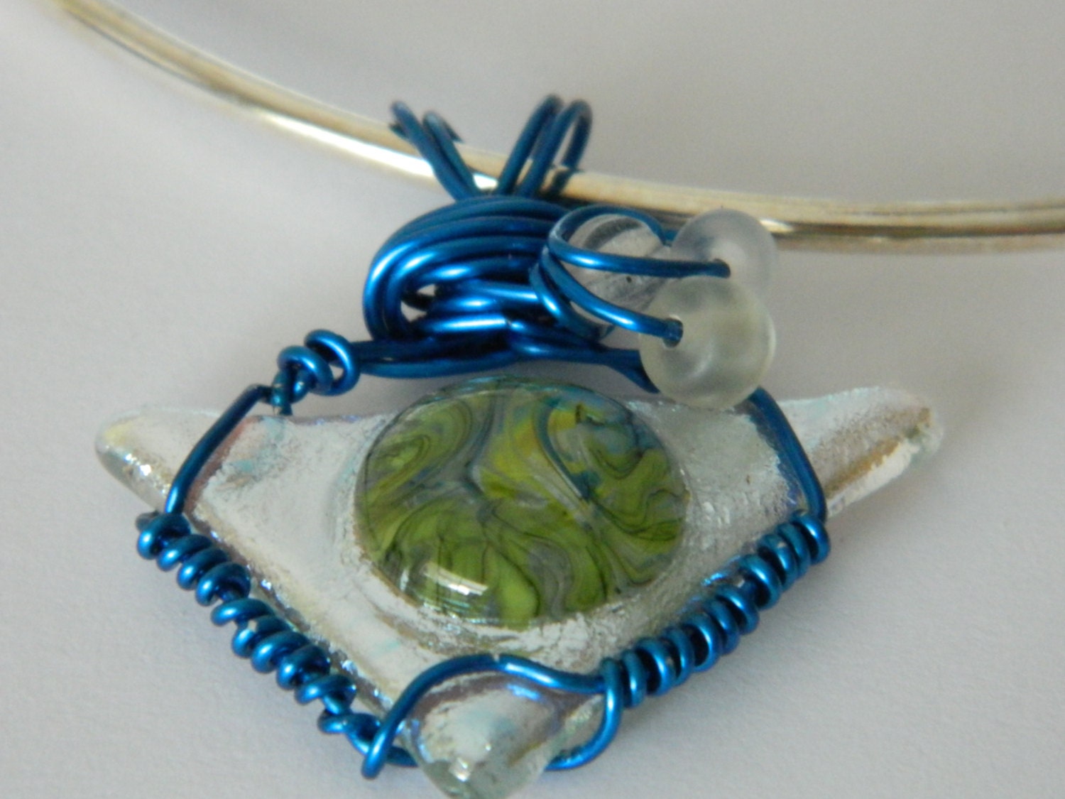 Fused Glass Color Bubble in Silver Dichroic Triangle wire wrap pendant necklace
