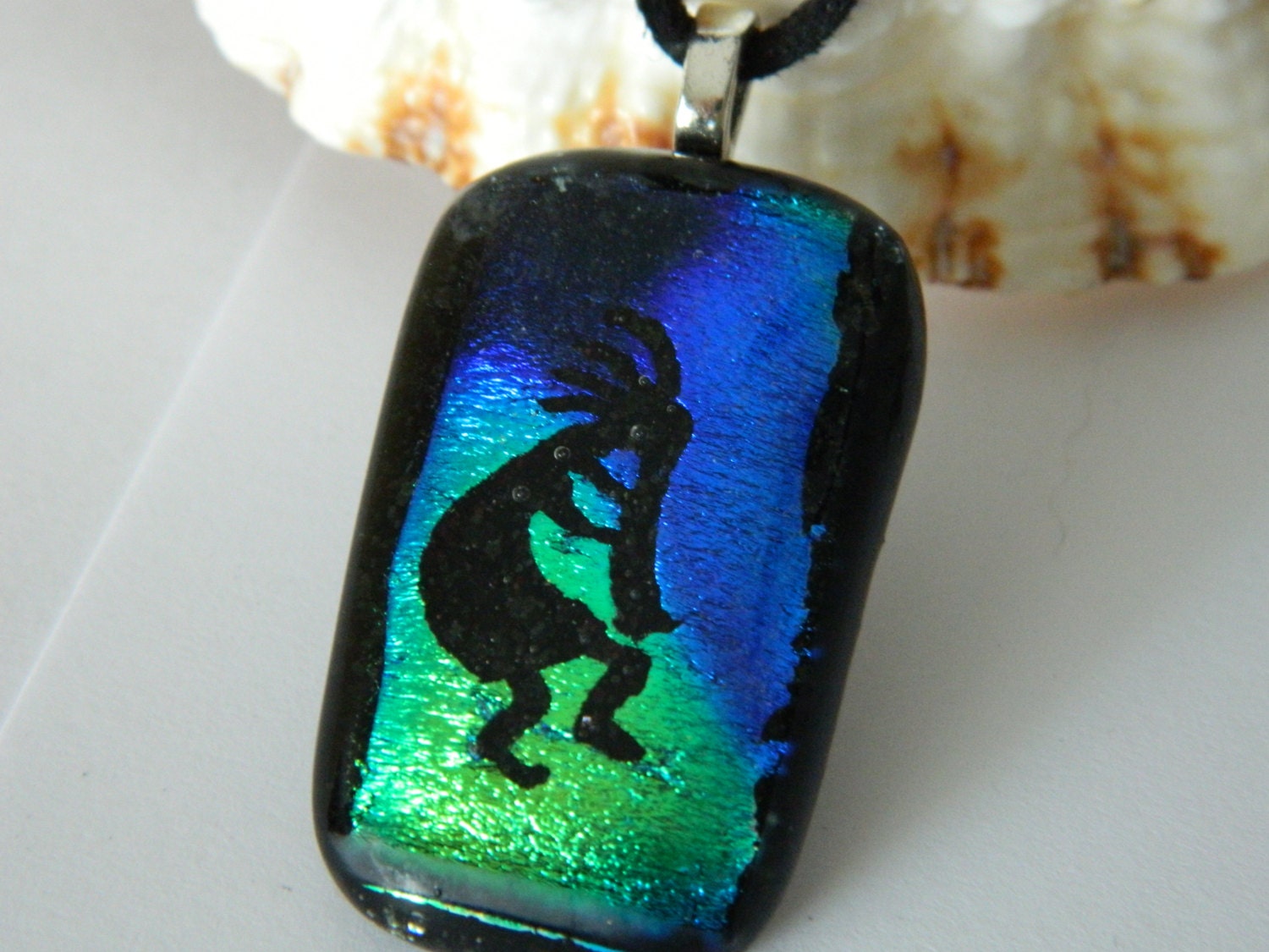 Green and Blue Fused Glass Kokopelli Pendant Necklace
