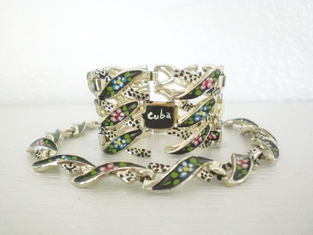 Silvertone Painted Bracelt Necklace Cuba Vintage