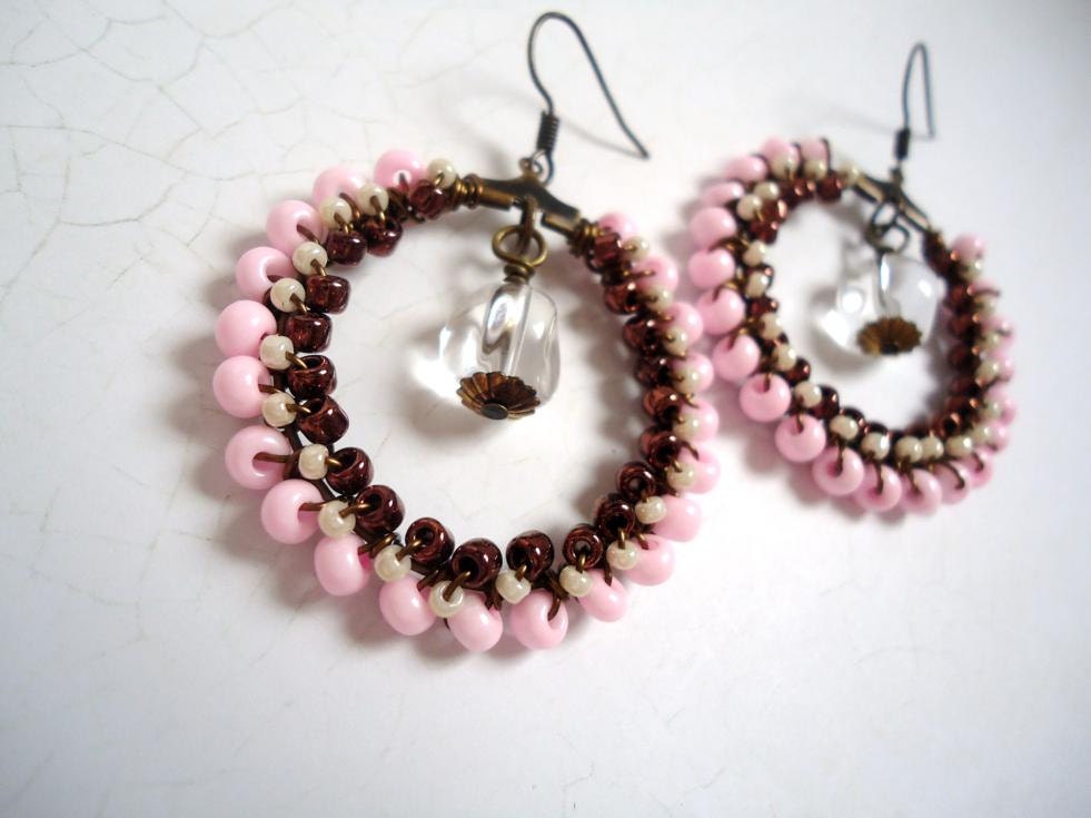 Dreamy Pink and Bronze Earrings, Pink Bohemian Earrings, Wire Wrapped Hoop Earrings,Pink Beaded Earrings, Prom, Wedding, Bridesmaids