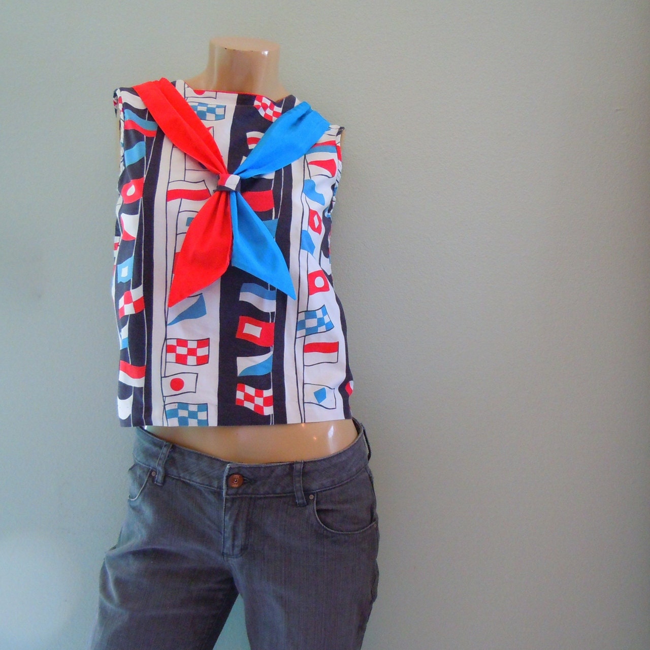 Vintage Nautical Flag Shirt - late 50s to early 60s - Sailor Ascot Tank Top - womens xs or s