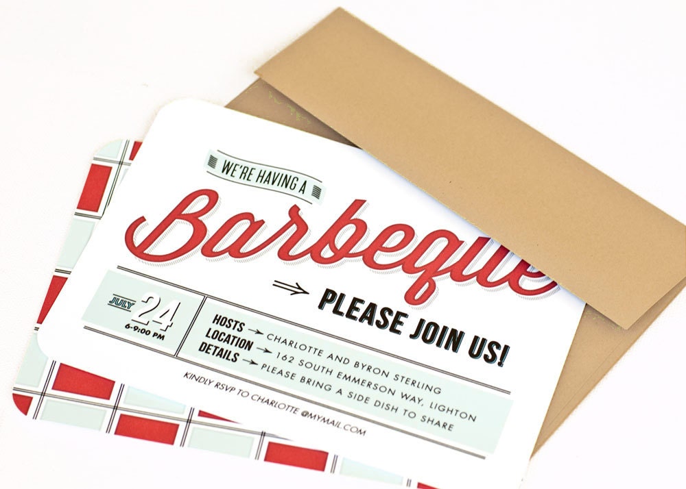 BBQ Invitation, Party Invitation, Picnic Invite // Set of 6 // BBQ TIME
