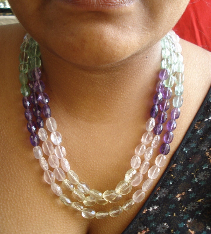 vintage amethyst citrine rose quartz gemstone faceted beads necklace strand