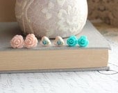 Flower Post Earrings, Stud Earrings, Teal Blue Rose, Pale Pink, Turquoise, Heart Studs, Vintage Style, Shabby Chic, Romantic, Three Pairs