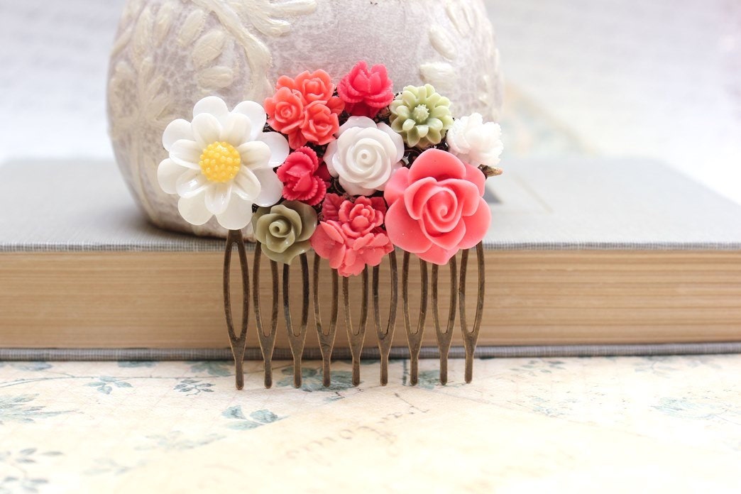 Flower Collage Comb Floral Hair Accessories Bright Spring Brass Metal Comb White Daisy, Coral Pink Red Rose, Green, White Rose