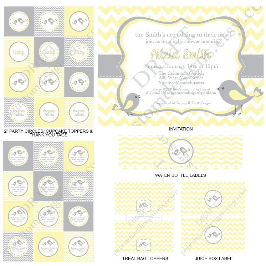DIY -  Printable: Customized Bird Chevron Baby Shower - Set of 15 Items