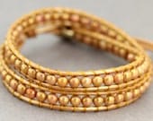 Wrap Bracelet : Adjustable Opaque Rose and Topaz Luster Bohemian Beaded Double Wrap with Metallic Copper Cord and Gold Button, Rose Gold