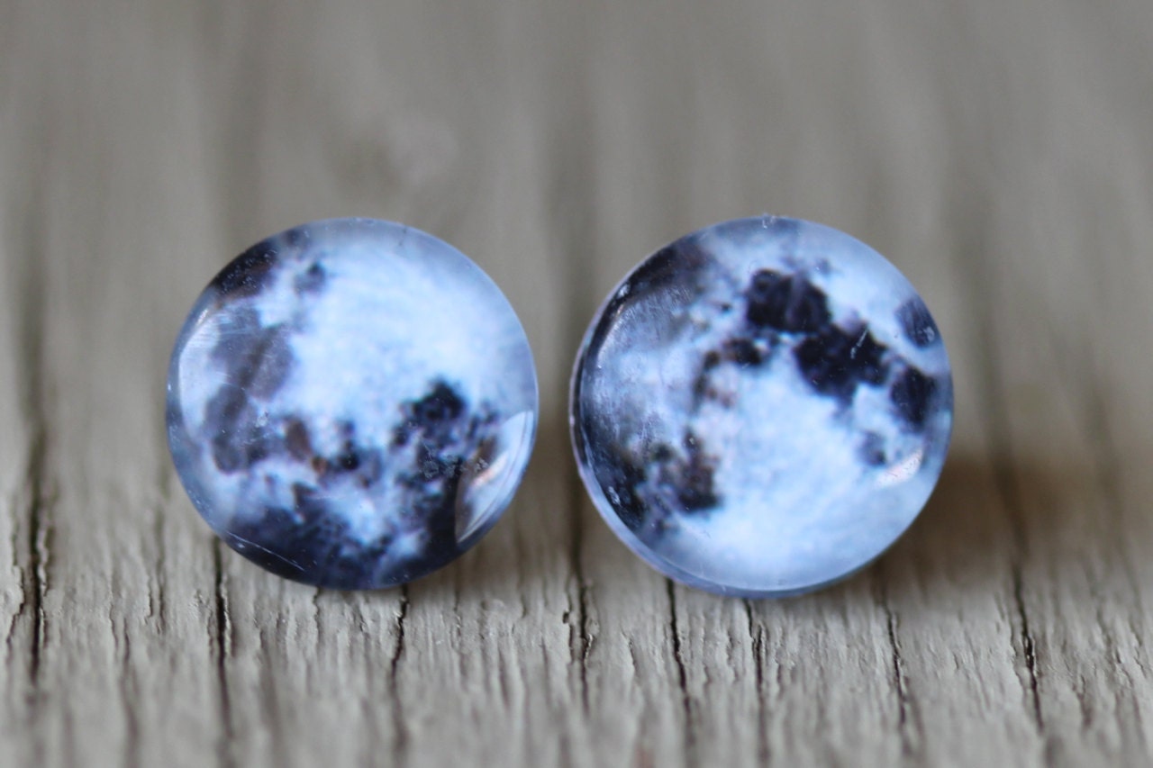 Full Moon Earrings : Fake Plugs, Moon, Stars, Constellation, Navy Blue and White Stud Earrings, Summer, ArtisanTree