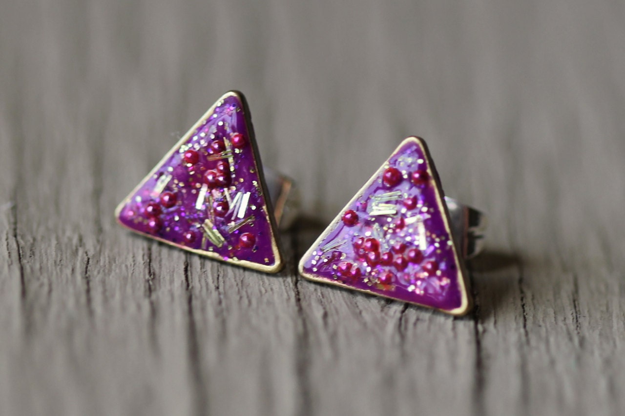 Geometric Stud Earrings : Purple Polymer Clay Stud Earrings with Gold and Green Sparkle, Antique Bronze, Sparkle, Duo-Chrome, Forest, Garden
