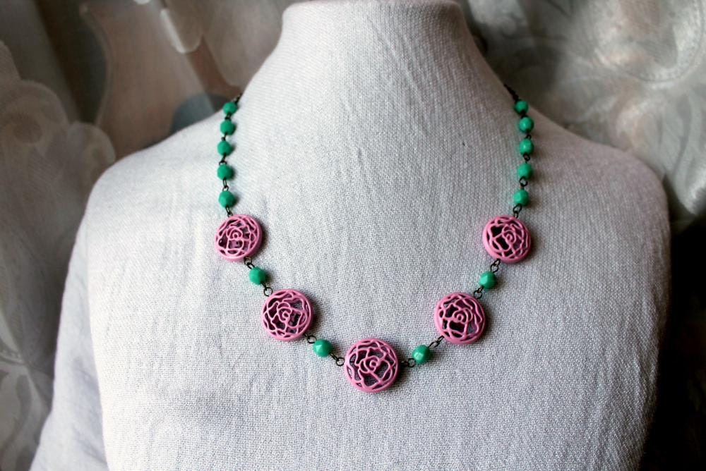 pink rose and turquoise beaded necklace