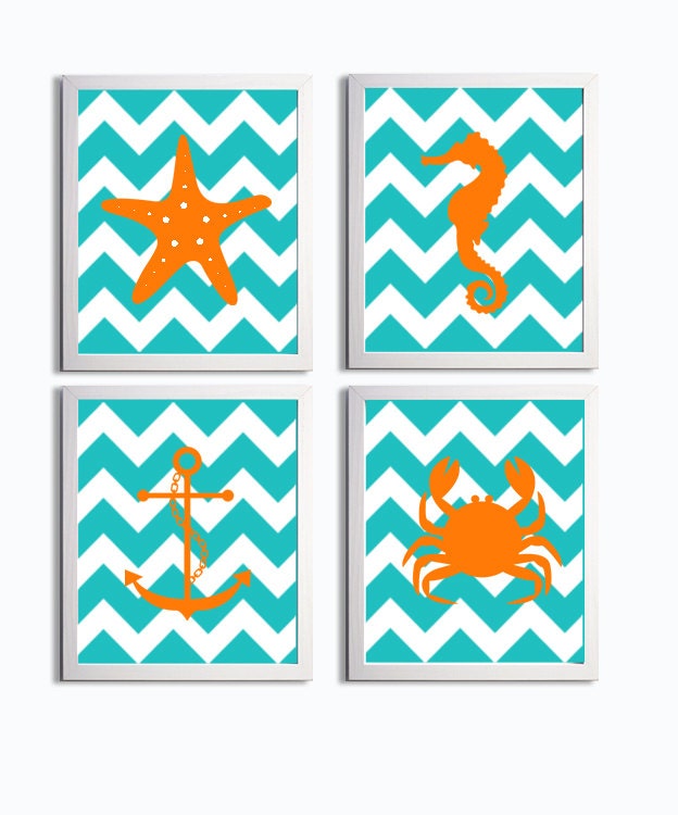 Nursery Art Chevron Beach Ocean Sea Orange Aqua more colors available set of 4 each 8x10